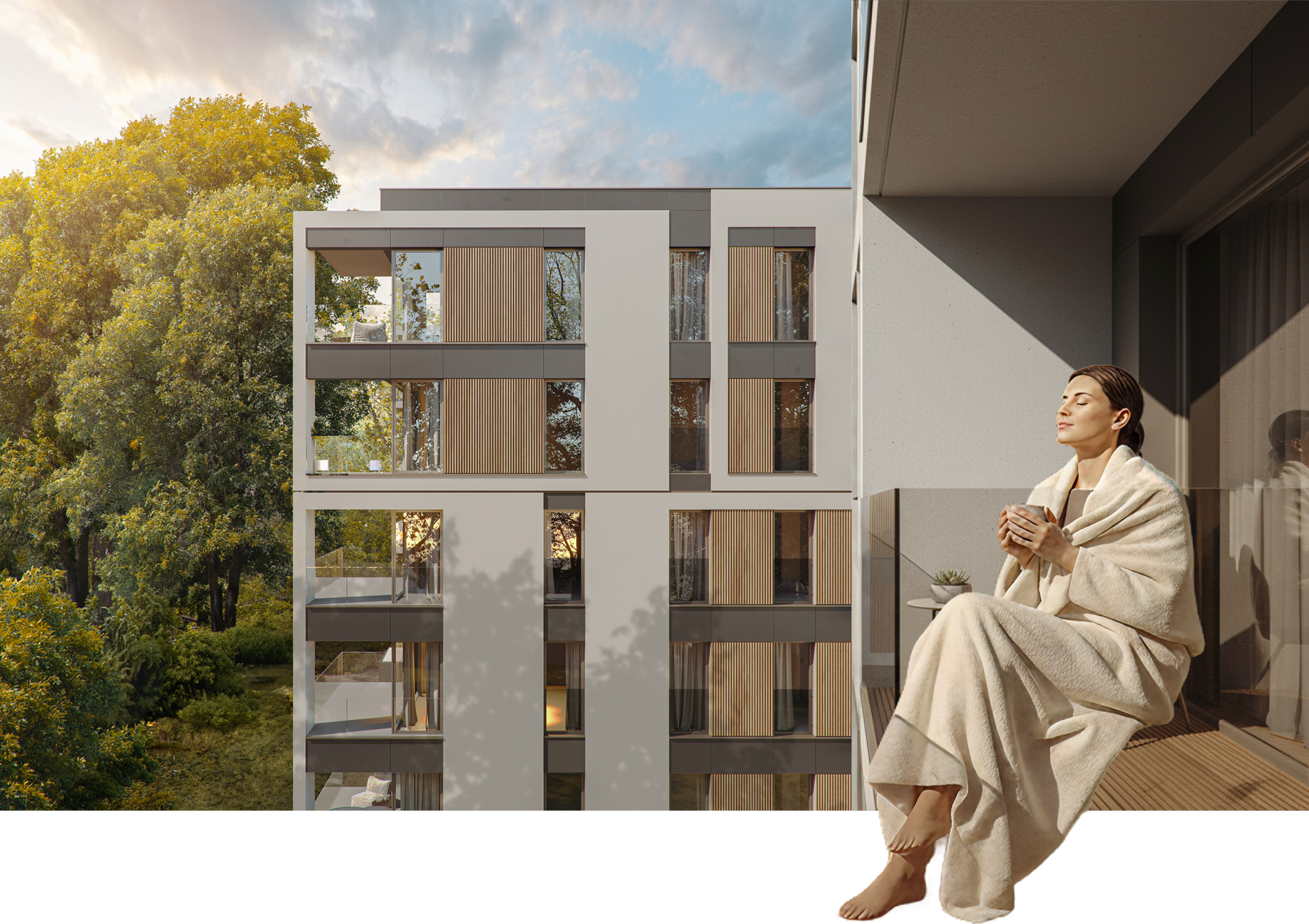 Kobieta pijąca kawę na balkonie mieszkania Verde Casa